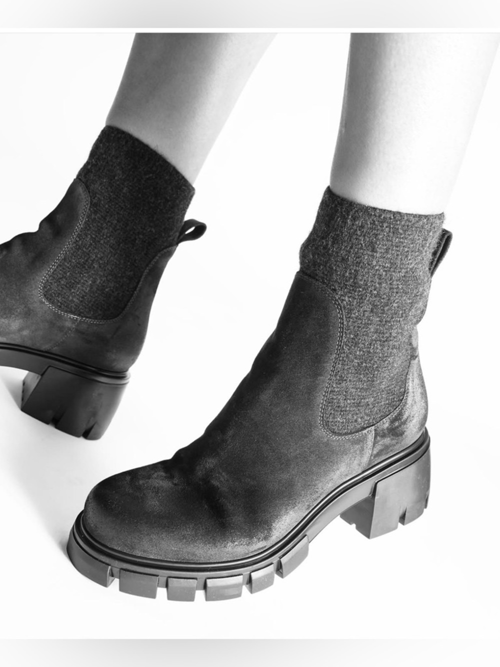 Knit-Trim Chelsea Lug Booties - Black
